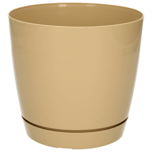 Set van 2x stuks plantenpotten/bloempotten kunststof glanzend bruin/beige dia 15.5 x hoogte 14 cm - Plantenpotten