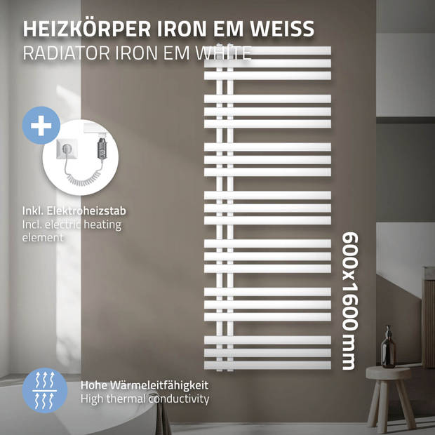 ECD Germany Strijkijzer EM Design badkamerradiator Elektrisch met verwarmingsstang 900W - 600 x 1600 mm - Wit