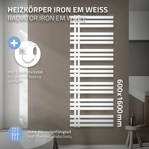 ECD Germany Strijkijzer EM Design badkamerradiator Elektrisch met verwarmingsstang 1200 B - 600 x 1600 mm - Wit