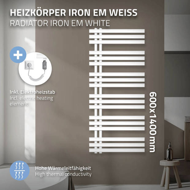 Designradiator "Iron M" met verwarmingselement 1200W wit 600 x 1400 mm