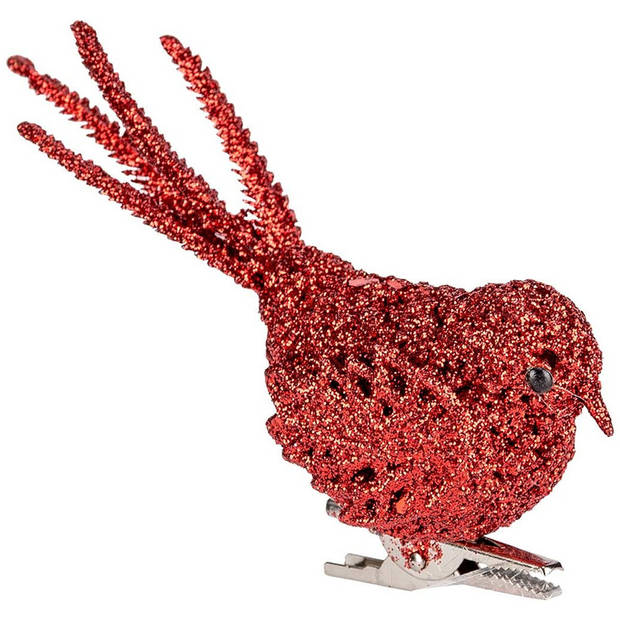 2x Kerstboomversiering glitter rode vogeltjes op clip 12 cm - Kersthangers