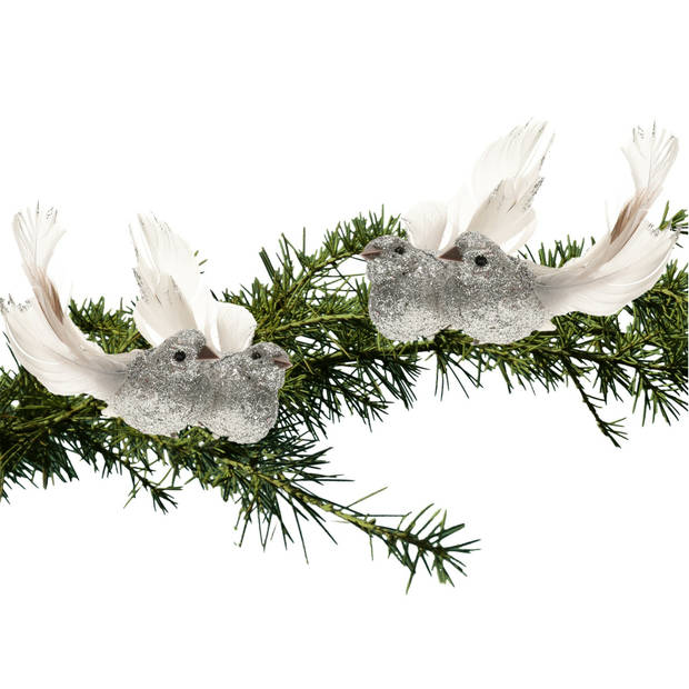 4x Kerst decoratie gliter vogeltje op clip zilver - Kersthangers