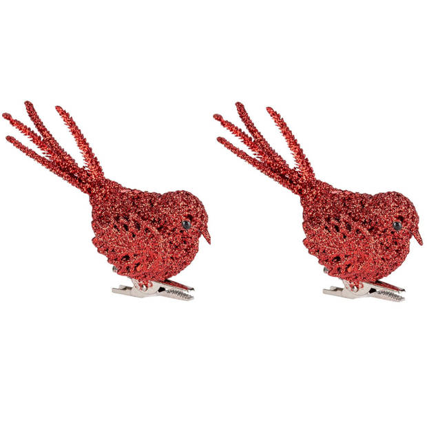 2x Kerstboomversiering glitter rode vogeltjes op clip 12 cm - Kersthangers