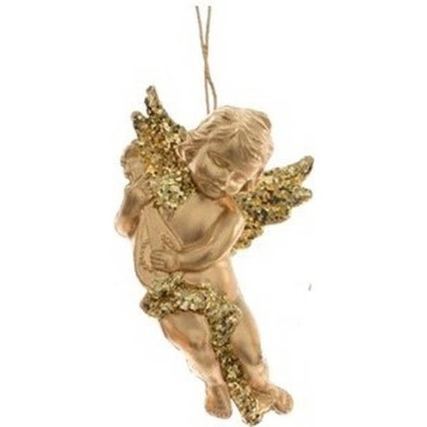 2x Kerst hangdecoratie gouden engeltjes met lute muziekinstrument 10 cm - Kersthangers