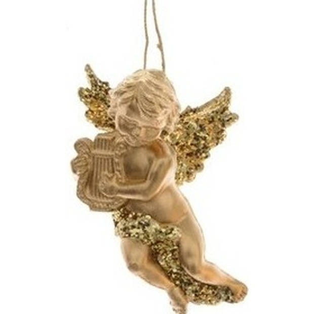 4x Kerst hangdecoratie gouden engeltjes met muziekinstumenten 10 cm - Kersthangers