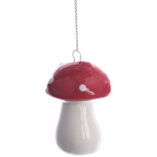 2x Kerstboomdecoratie hanger rood/wit paddenstoeltje 4 cm - Kersthangers