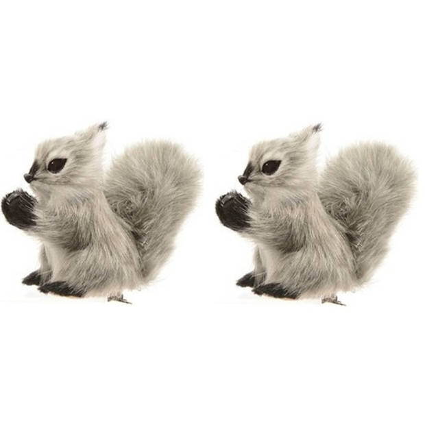 2x Kerst hangdecoratie op clip grijs eekhoorntje 8 cm - Kersthangers