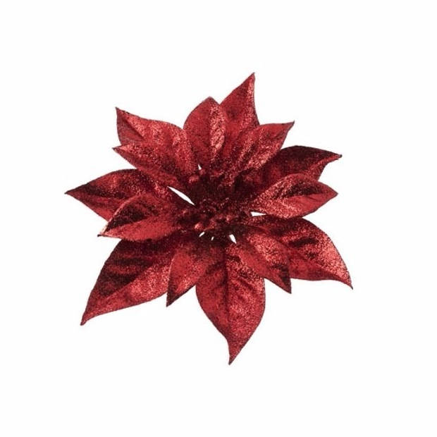 2x Kerstversieringen kerststerren bloemen rood op clip - Kersthangers