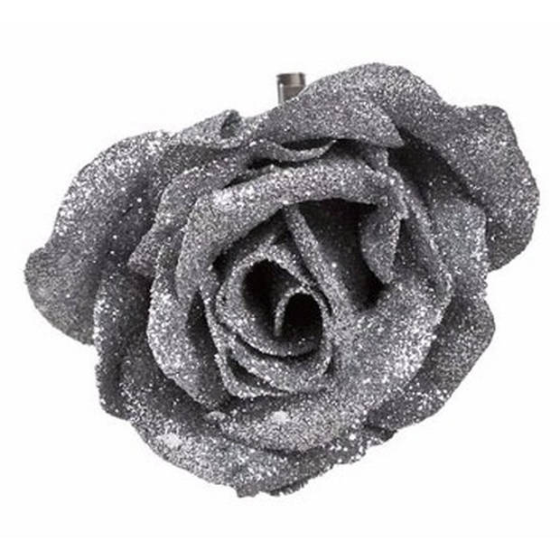 3x Kerst decoratie roos op clip zilver/glitter 9 cm - Kersthangers