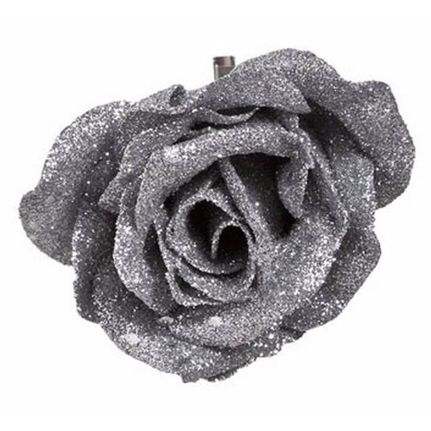 2x Kerst decoratie roos op clip zilver/glitter 9 cm - Kersthangers