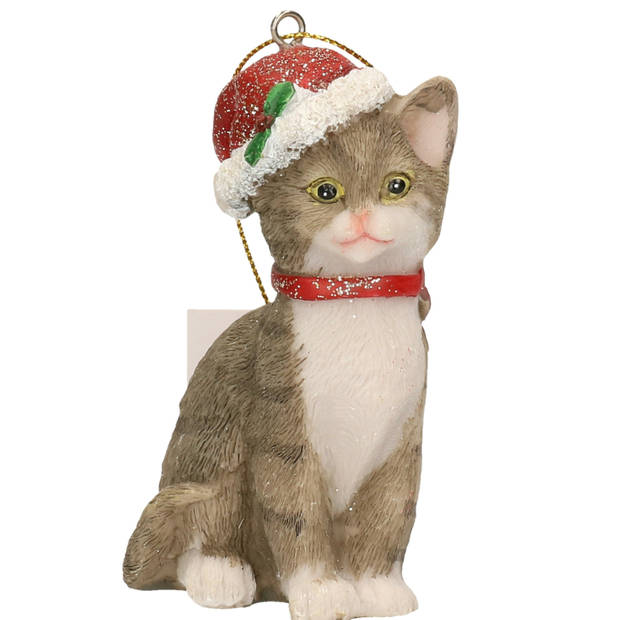 Kersthangers grijze katten met kerstmuts 9 cm kerstversiering - Kersthangers