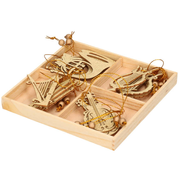 16x Houten kersthangers muziekinstrumenten ornamenten goud 6-7 cm - Kersthangers