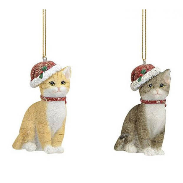 2x Stuks kersthangers katten/poezen met kerstmuts 9 cm kerstversiering - Kersthangers