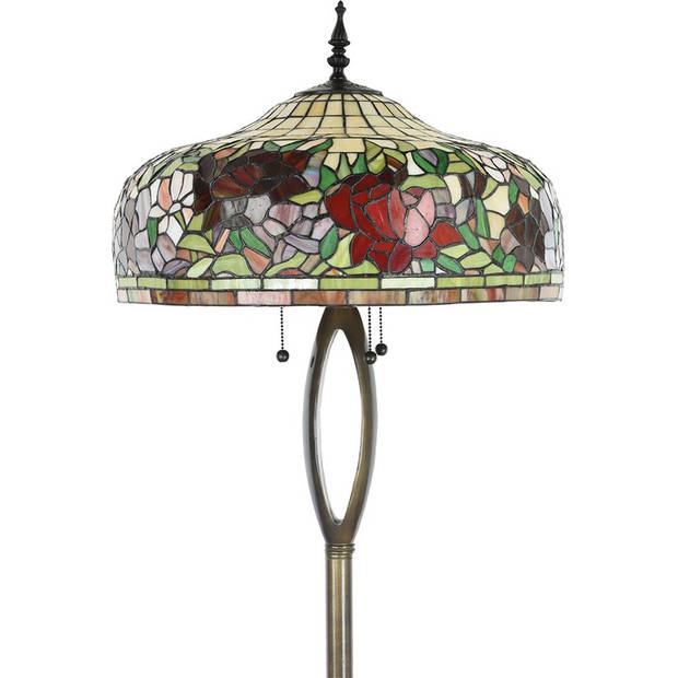 LumiLamp Tiffany Vloerlamp Ø 48x165 cm Beige Rood Glas Kunststof Rond Bloemen Staande Lamp Beige Staande Lamp