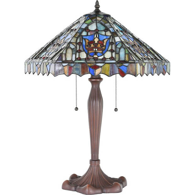 LumiLamp Tiffany Tafellamp Ø 47x60 cm Beige Blauw Glas Kunststof Rond Tiffany Bureaulamp Beige Tiffany Bureaulamp