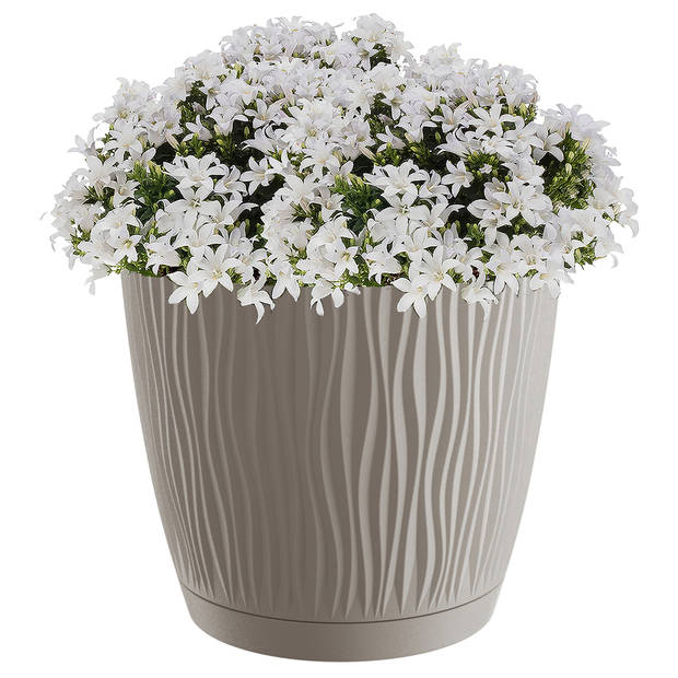 Stijlvolle kunststof plantenpot/bloempot dia 24 cm/hoogte 22.5 cm Waves taupe - Plantenpotten