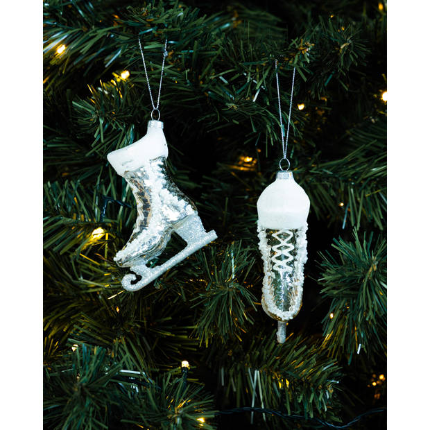 2x stuks schaatsen kersthangers zilver 9 cm van glas - kerstboomversiering - Kersthangers