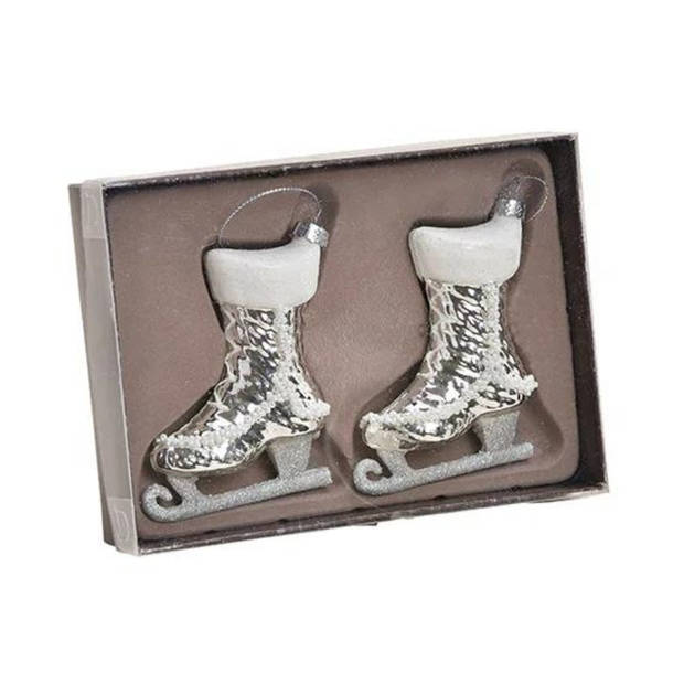2x stuks schaatsen kersthangers zilver 9 cm van glas - kerstboomversiering - Kersthangers