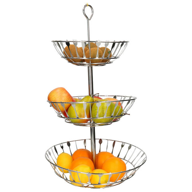 Zilveren ronde fruitschaal/fruitmand etagere bestekpatroon 3-laags met oog 56 cm - Fruitschalen