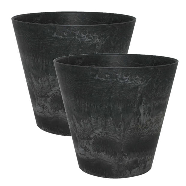 2x stuks plantenpot/bloempot in een natuursteen look Dia 37 cm en Hoogte 34 cm zwart - Plantenpotten