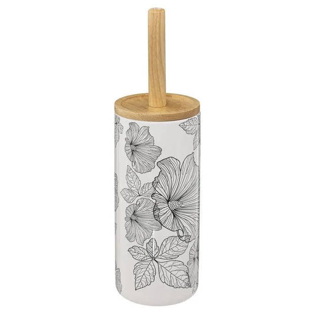 2x stuks WC-/toiletborstel met houder wit/zwart met hibiscus bloemen patroon zandsteen/bamboe 38 cm - Toiletborstels
