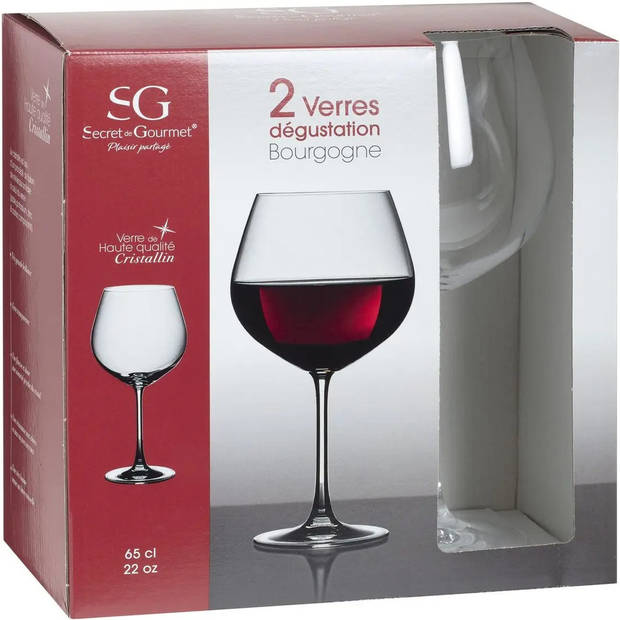 Set van 2x grote wijnglazen voor rode wijn Bourg 650 ml van glas - Wijnglazen