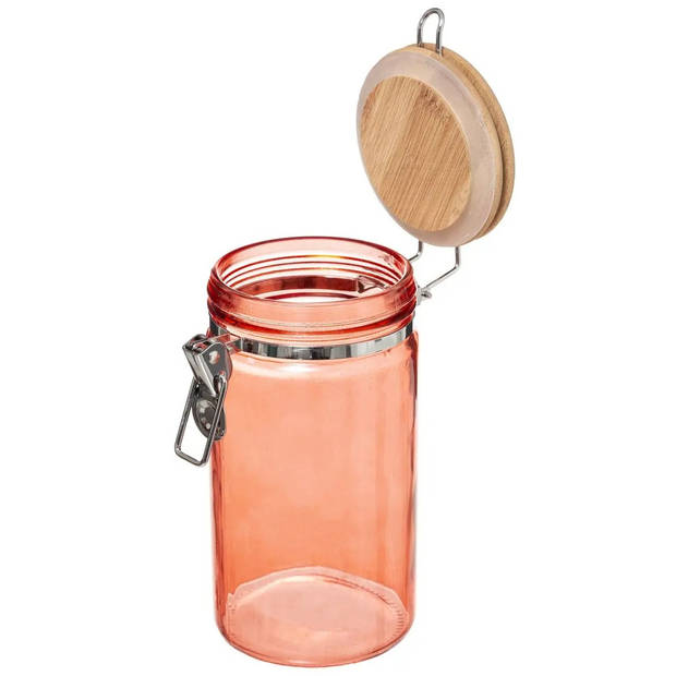 Voorraadbus/voorraadpot 1L glas koraal oranje met bamboe deksel en beugelsluiting - Voorraadpot