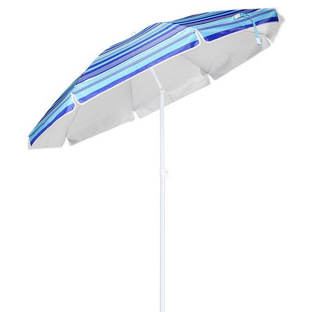 Blauw gestreepte gekleurde tuin/strand parasol 200 cm met wit voet van 42 cm - Parasols