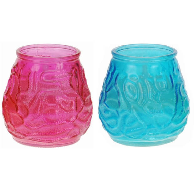 Windlicht geurkaars - 2x - blauw/roze glas - 48 branduren - citrusgeur - geurkaarsen
