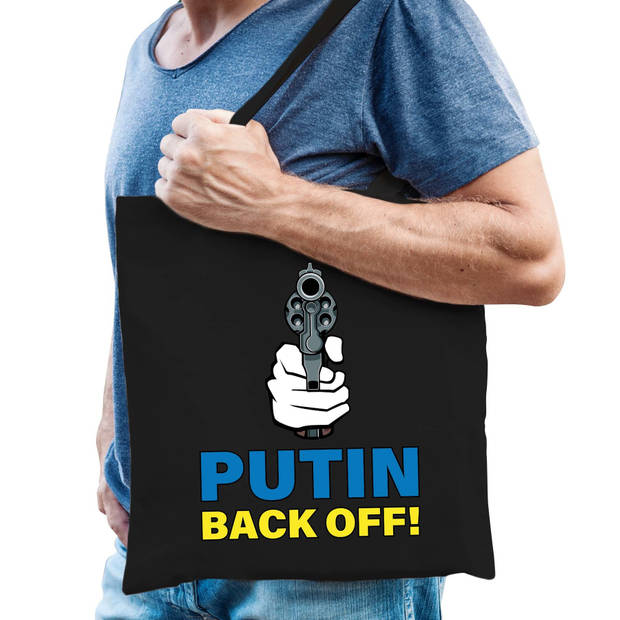 Bellatio Decorations tas - Puttin back off - pistool - I stand with Ukraine - zwart - protest - Feest Boodschappentassen