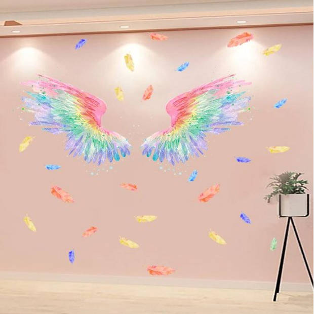 Muursticker kinderkamer Kleurrijke regenboog vleugels Engel Deur sticker 60 cm