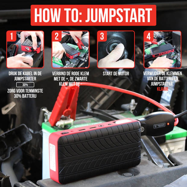 Strex 12V Jumpstarter voor Auto - 1000A / 18.000 mAh - 4-in-1 Starthulp met Powerbank, LED Zaklamp en SOS Noodlicht - In