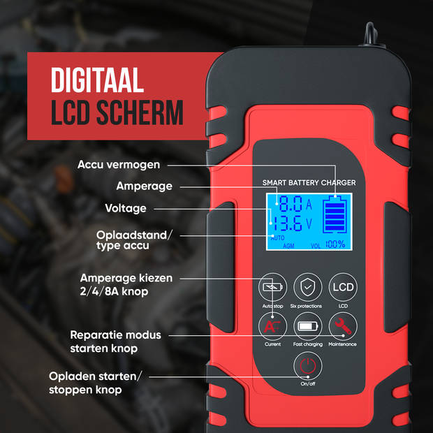 Strex Acculader - 12/24V 4/6/8A - Reparatiemodus - Druppellader - Accu Lader voor Auto / Motor / Scooter / Boot / Camper