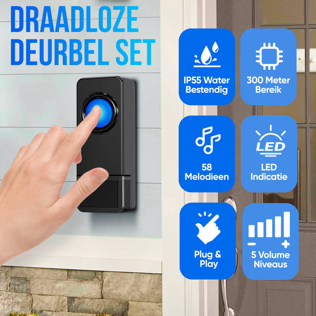 Strex Draadloze Deurbel met 2 Ontvangers - Plug & Play - 300 Meter - 4 Volume / 58 Melodieën - IP55 Waterdicht