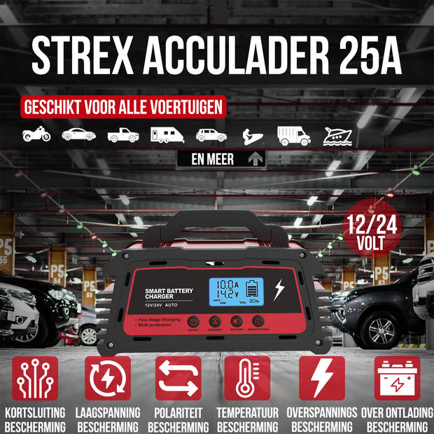 Strex Industriele Acculader - 12/24V 5/10/25A - Reparatiemodus - Druppellader - Accu Lader voor Auto / Motor / Scooter /