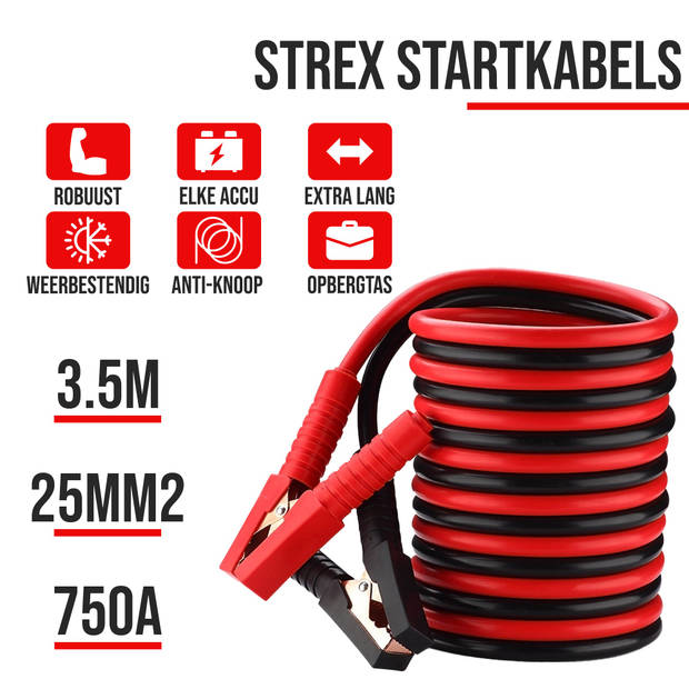 Strex Startkabels 25 mm2 - 3.5M - 750A - Extra Robuust - Auto / Bus / Vrachtwagen / Boot - Incl. Opbergtas