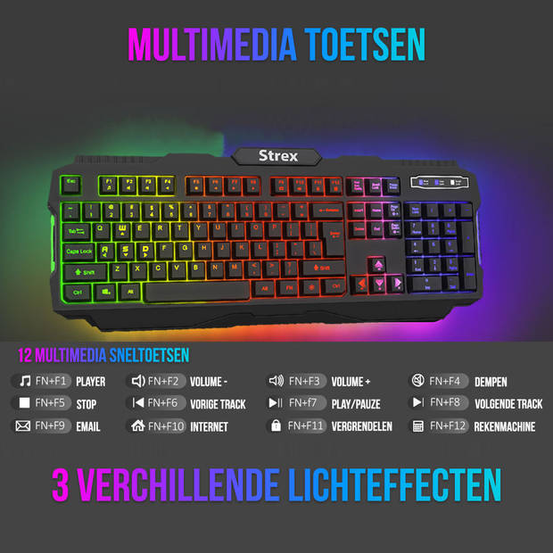 Strex Gaming Toetsenbord met LED RGB Sfeerverlichting - Qwerty - Game Toetsenbord