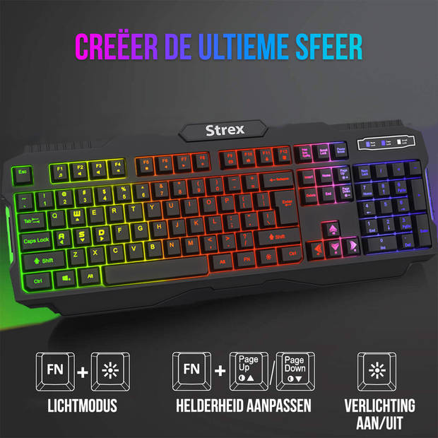 Strex Gaming Toetsenbord met LED RGB Sfeerverlichting - Qwerty - Game Toetsenbord