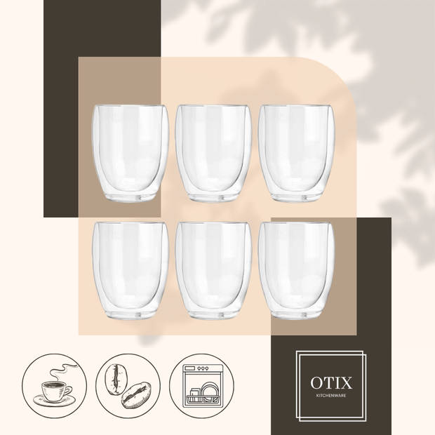 OTIX Dubbelwandige koffieglazen - Koffietassen - Koffiekopjes - 325 ml - Set van 6