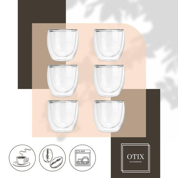 OTIX Dubbelwandige koffieglazen - Koffiekopjes - Koffietassen - 245 ml - Set van 6