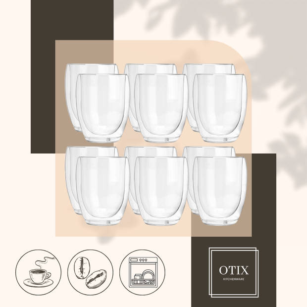 OTIX Dubbelwandige Theeglazen - Koffiekopjes - Koffietassen - 325 ml - Set van 12