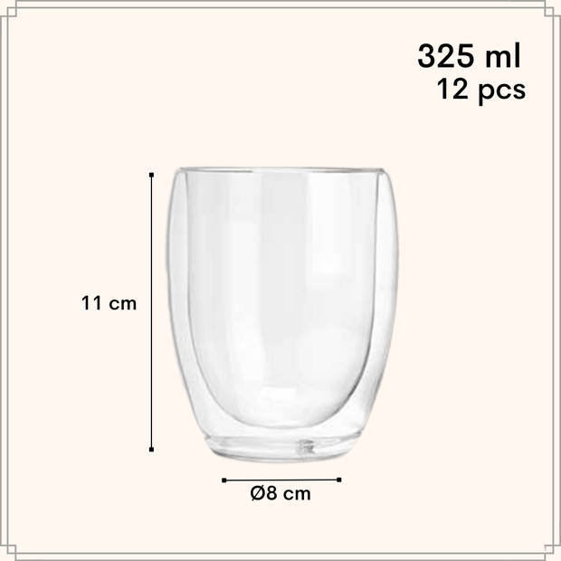 OTIX Dubbelwandige Theeglazen - Koffiekopjes - Koffietassen - 325 ml - Set van 12