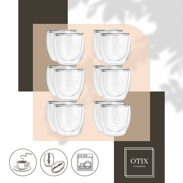 OTIX Dubbelwandige koffieglazen - Koffiekopjes - Koffietassen - 245 ml - Set van 12