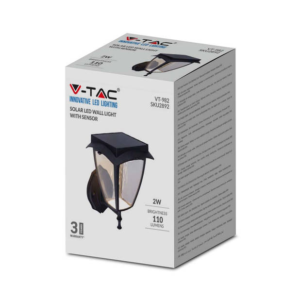 V-TAC VT-982 Wandlamp op zonne-energie - 2W - 110 Lumen - 3000K+6000K - Matzwart - IP65