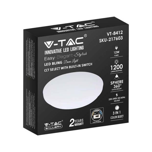 V-TAC VT-8412-M-N Designer plafondLamp - Kleurwisselende schakelaar - IP20 - Wit - 12W - 1200 Lumen - 3IN1