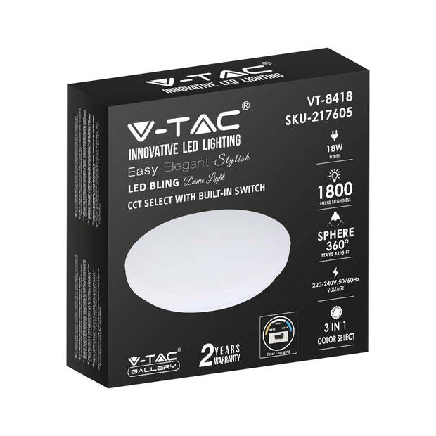 V-TAC VT-8418-M-N Designer plafondlampen - Kleurwisselende schakelaar - IP20 - Wit - 18W - 1800 Lumen - 3IN1