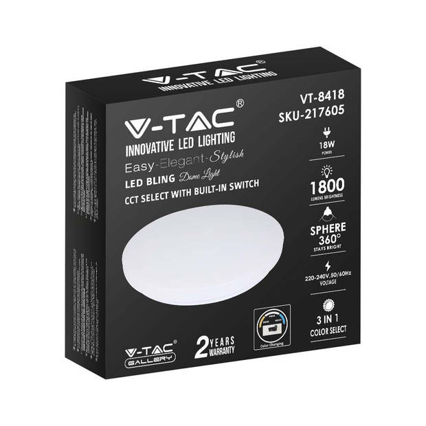 V-TAC VT-8418-M-N Designer plafondlampen - Kleurwisselende schakelaar - IP20 - Wit - 18W - 1800 Lumen - 3IN1 -