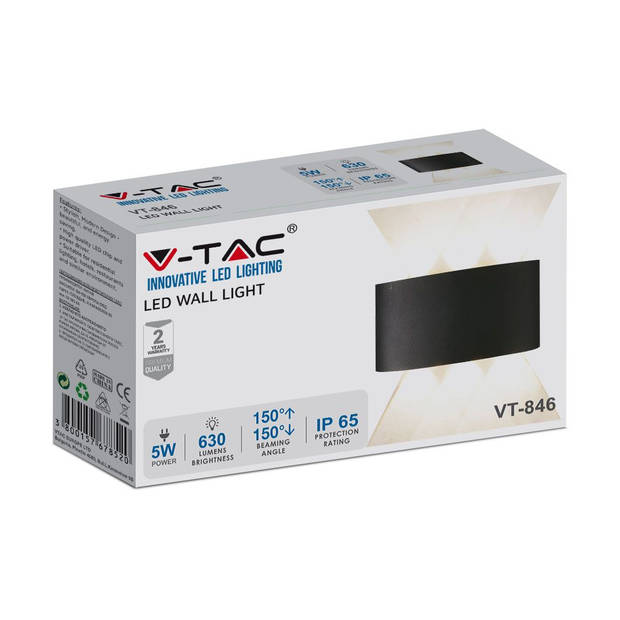 V-TAC VT-846-B-N LED wandlamp - Bridgelux - Zwart - IP65 - 5W - 630 Lumen - 3000K