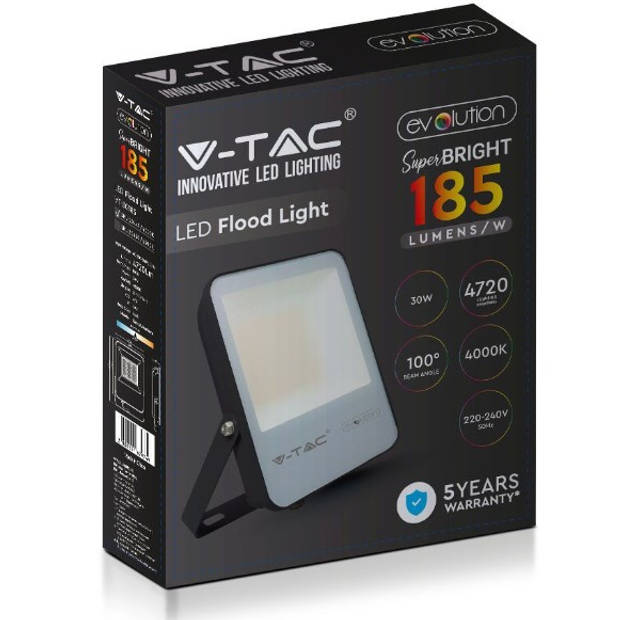 V-TAC VT-30185 Zwarte LED Schijnwerpers - 185lm/w -Evolutie - IP65 - 30W - 4720 Lumen - 6400K - 5 Jaar