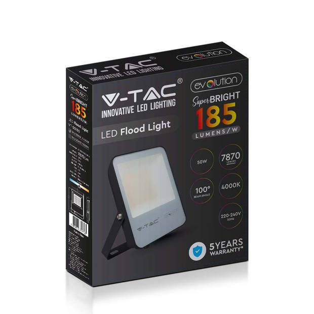 V-TAC VT-50185 Zwarte LED Schijnwerpers - 185lm/w - Evolution - IP65 - 50W - 7870 Lumen - 6400K - 5 Jaar